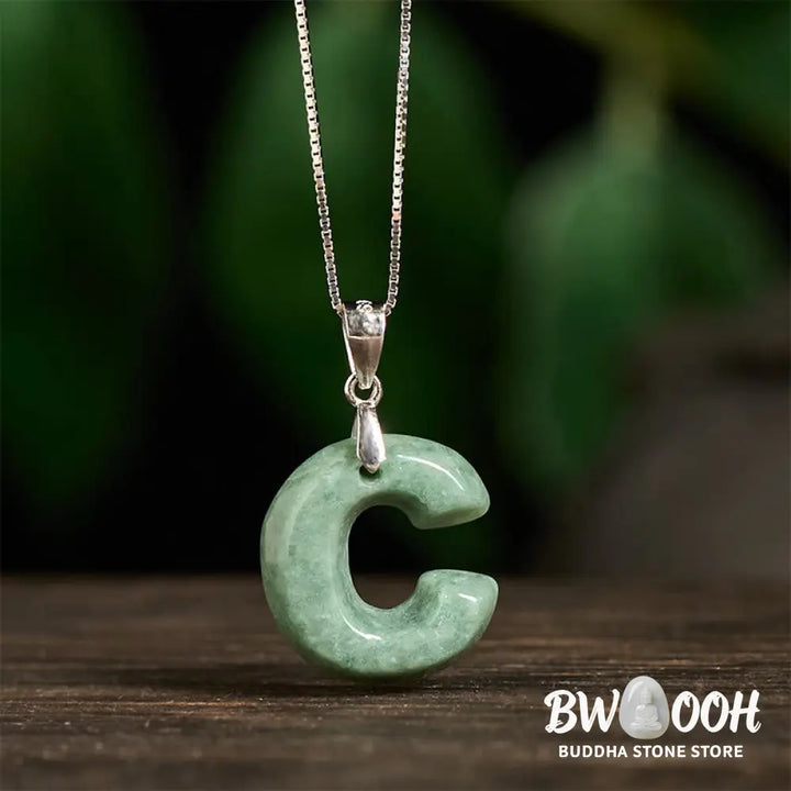 Buddha Stones Natural A-Z Letter Jade 925 Sterling Silver Silm Chain Prosperity Necklace Pendant - BWOOOH - Necklaces &amp;
