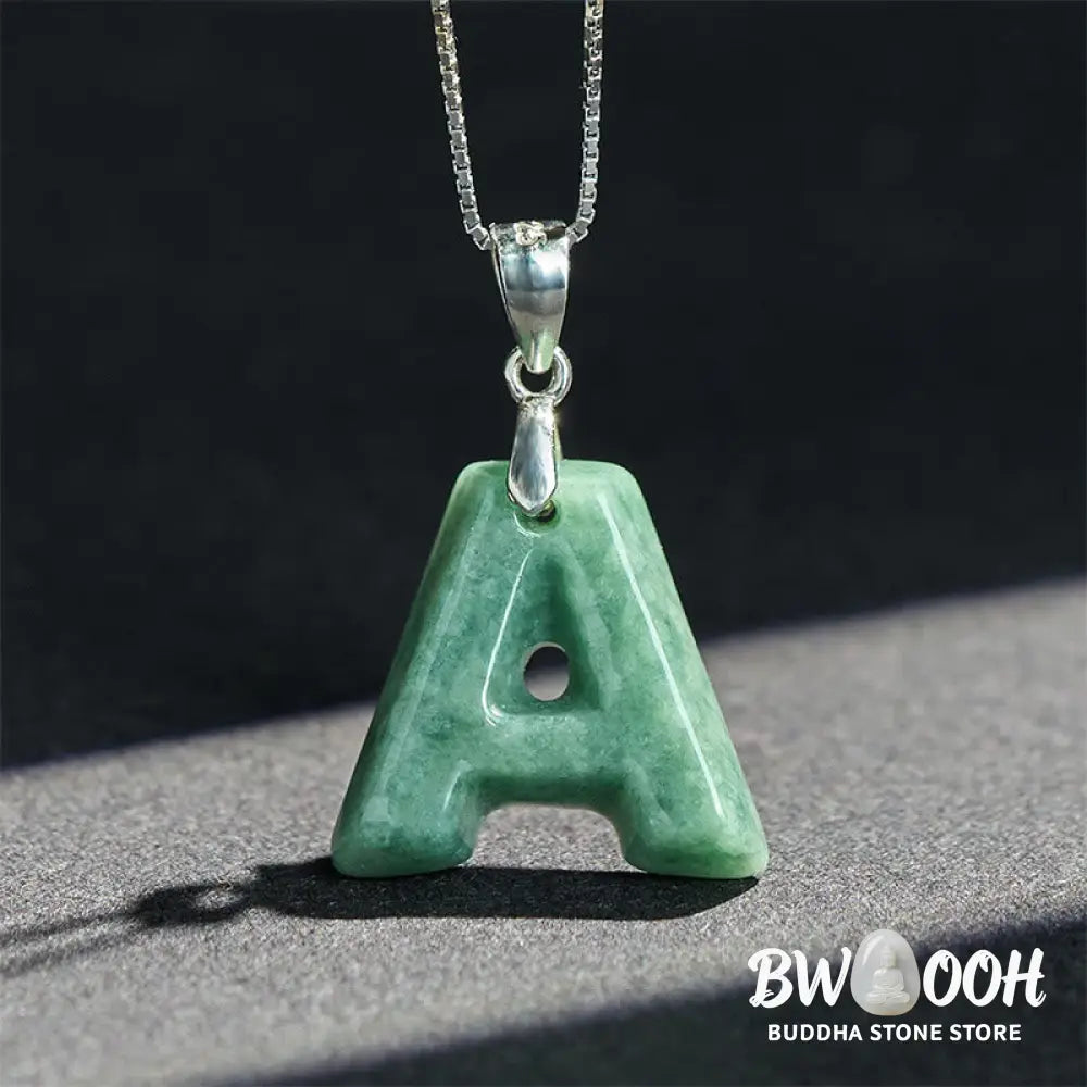 Buddha Stones Natural A-Z Letter Jade 925 Sterling Silver Silm Chain Prosperity Necklace Pendant - BWOOOH - Necklaces &amp;