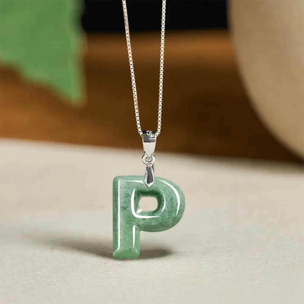 Buddha Stones Natural A-Z Letter Jade 925 Sterling Silver Silm Chain Prosperity Necklace Pendant - BWOOOH - P