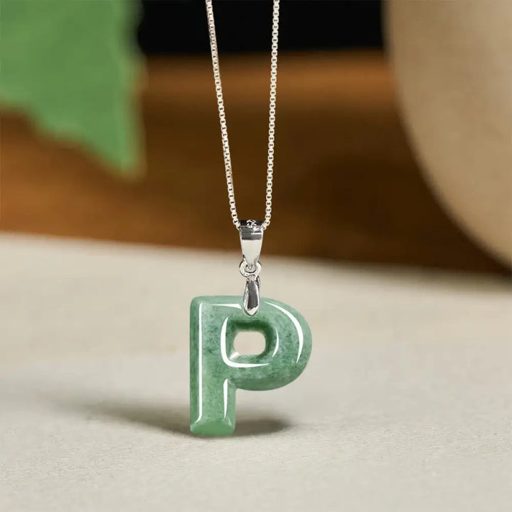 Buddha Stones Natural A-Z Letter Jade 925 Sterling Silver Silm Chain Prosperity Necklace Pendant - BWOOOH - P