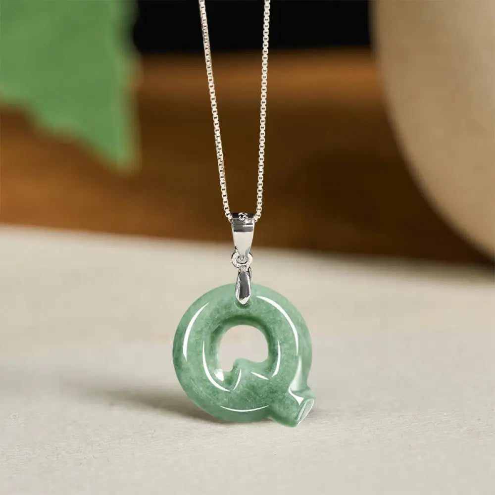Buddha Stones Natural A-Z Letter Jade 925 Sterling Silver Silm Chain Prosperity Necklace Pendant - BWOOOH - Q