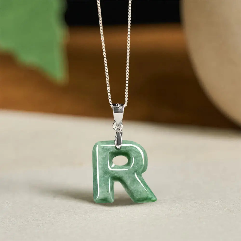 Buddha Stones Natural A-Z Letter Jade 925 Sterling Silver Silm Chain Prosperity Necklace Pendant - BWOOOH - R