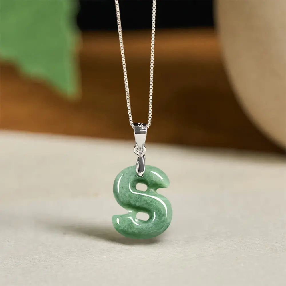 Buddha Stones Natural A-Z Letter Jade 925 Sterling Silver Silm Chain Prosperity Necklace Pendant - BWOOOH - S