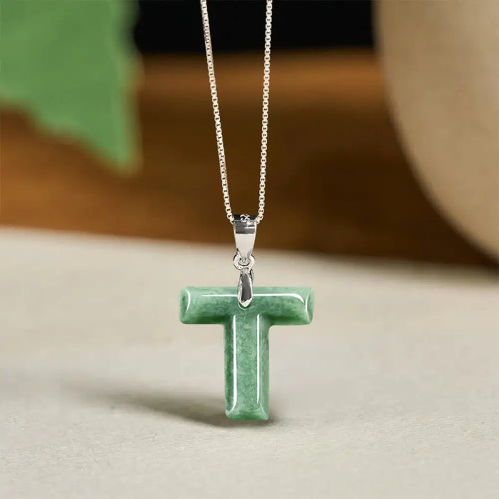 Buddha Stones Natural A-Z Letter Jade 925 Sterling Silver Silm Chain Prosperity Necklace Pendant - BWOOOH - T