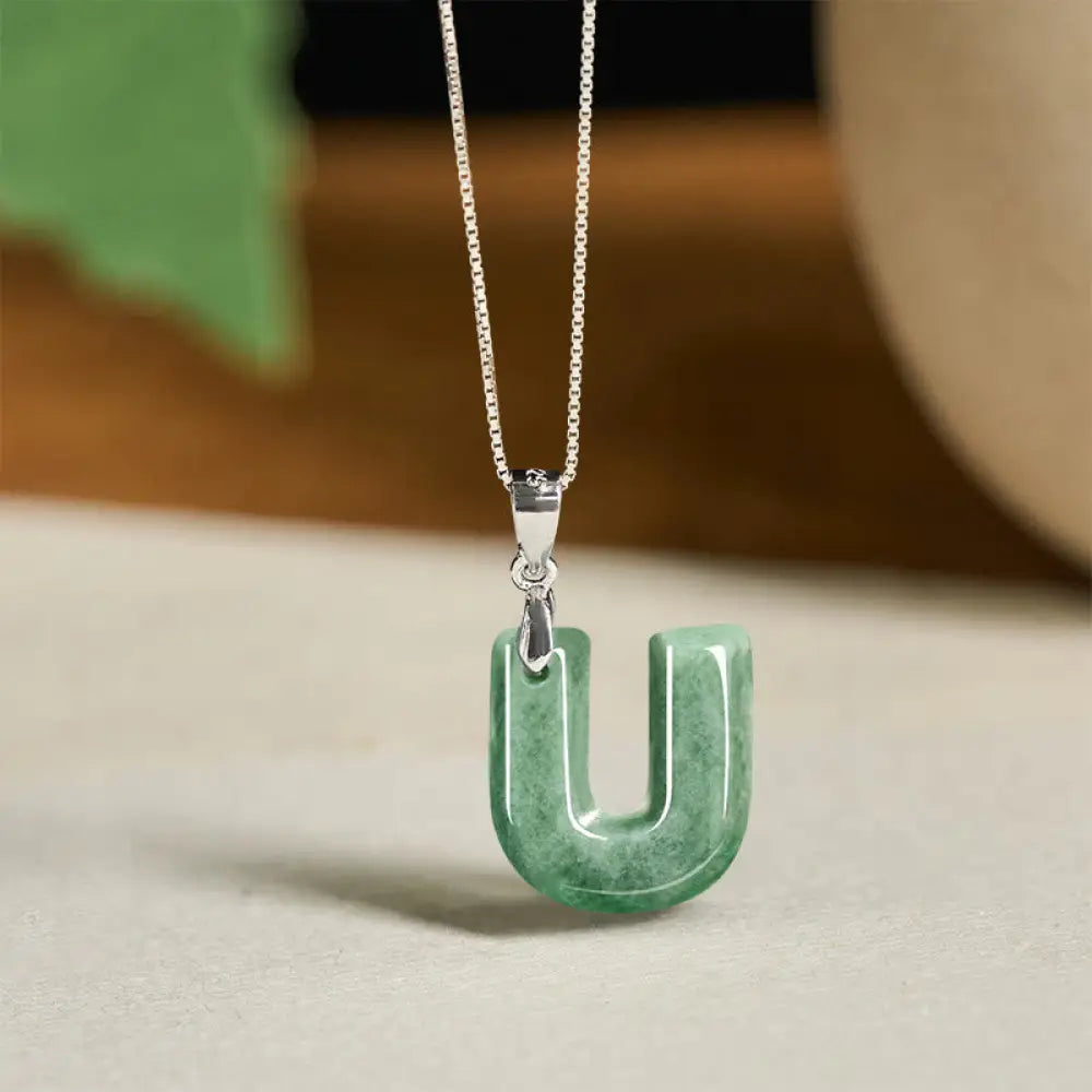 Buddha Stones Natural A-Z Letter Jade 925 Sterling Silver Silm Chain Prosperity Necklace Pendant - BWOOOH - U
