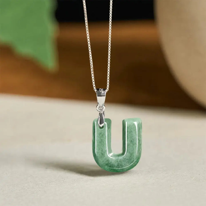Buddha Stones Natural A-Z Letter Jade 925 Sterling Silver Silm Chain Prosperity Necklace Pendant - BWOOOH - U