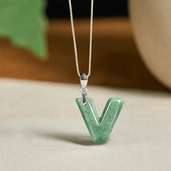 Buddha Stones Natural A-Z Letter Jade 925 Sterling Silver Silm Chain Prosperity Necklace Pendant - BWOOOH - V