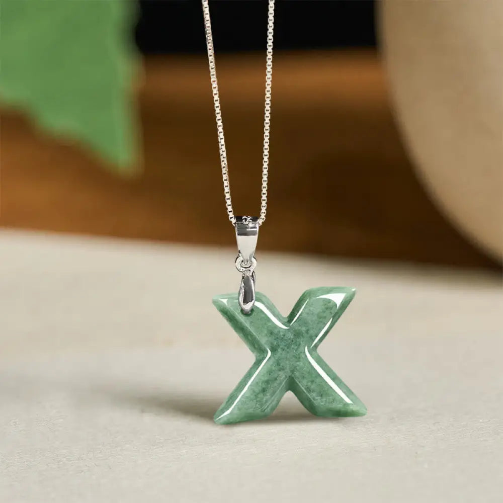Buddha Stones Natural A-Z Letter Jade 925 Sterling Silver Silm Chain Prosperity Necklace Pendant - BWOOOH - X