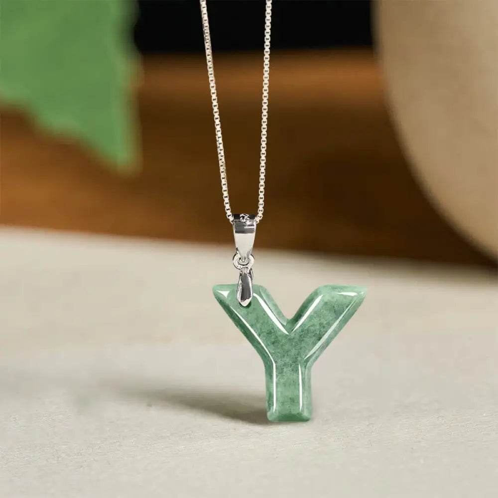 Buddha Stones Natural A-Z Letter Jade 925 Sterling Silver Silm Chain Prosperity Necklace Pendant - BWOOOH - Y
