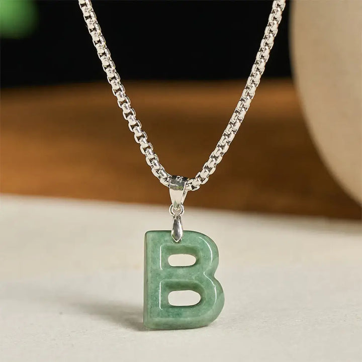 Buddha Stones Natural A-Z Letter Jade Titanium Steel Wide Chain Prosperity Necklace Pendant - BWOOOH - B - Necklaces &amp;