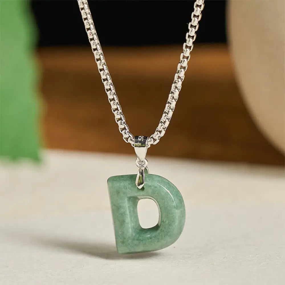Buddha Stones Natural A-Z Letter Jade Titanium Steel Wide Chain Prosperity Necklace Pendant - BWOOOH - D - Necklaces &amp;