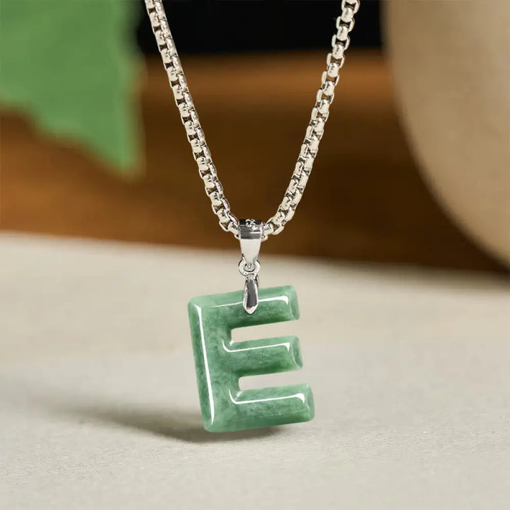 Buddha Stones Natural A-Z Letter Jade Titanium Steel Wide Chain Prosperity Necklace Pendant - BWOOOH - E - Necklaces &amp;