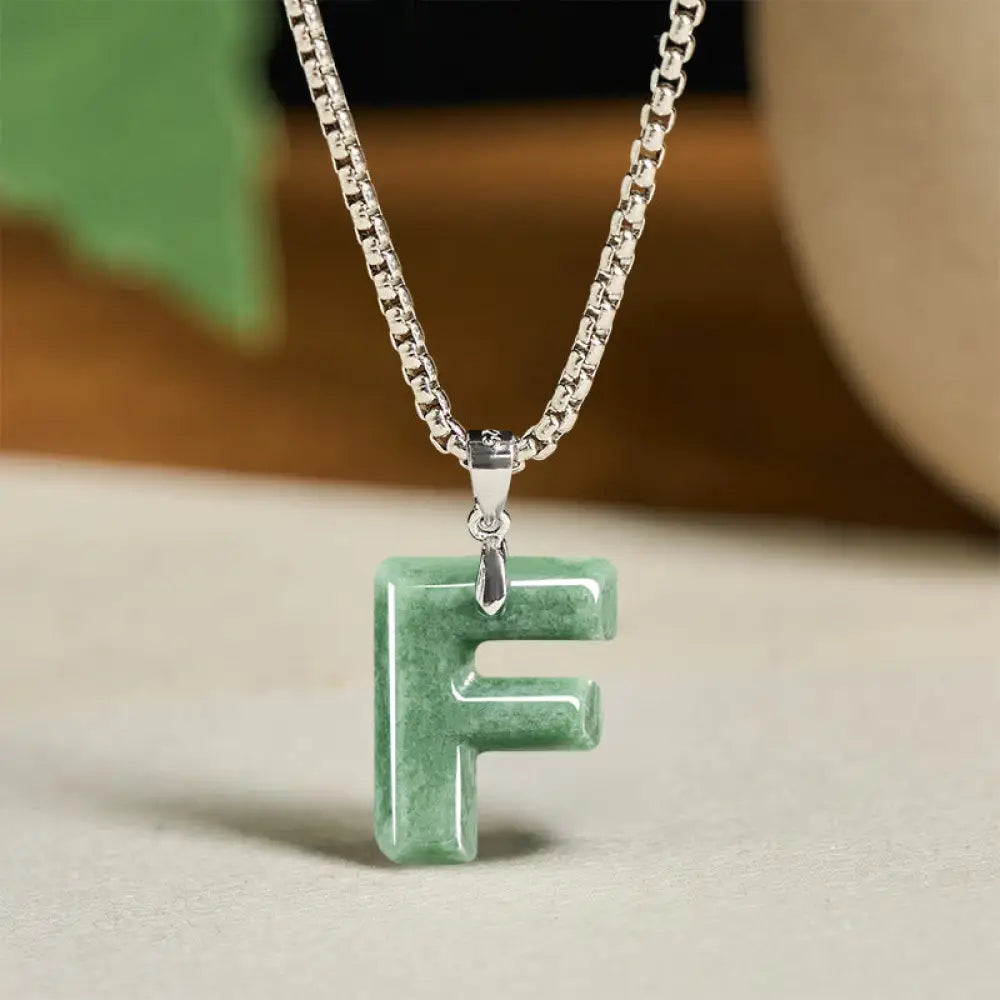 Buddha Stones Natural A-Z Letter Jade Titanium Steel Wide Chain Prosperity Necklace Pendant - BWOOOH - F - Necklaces &amp;