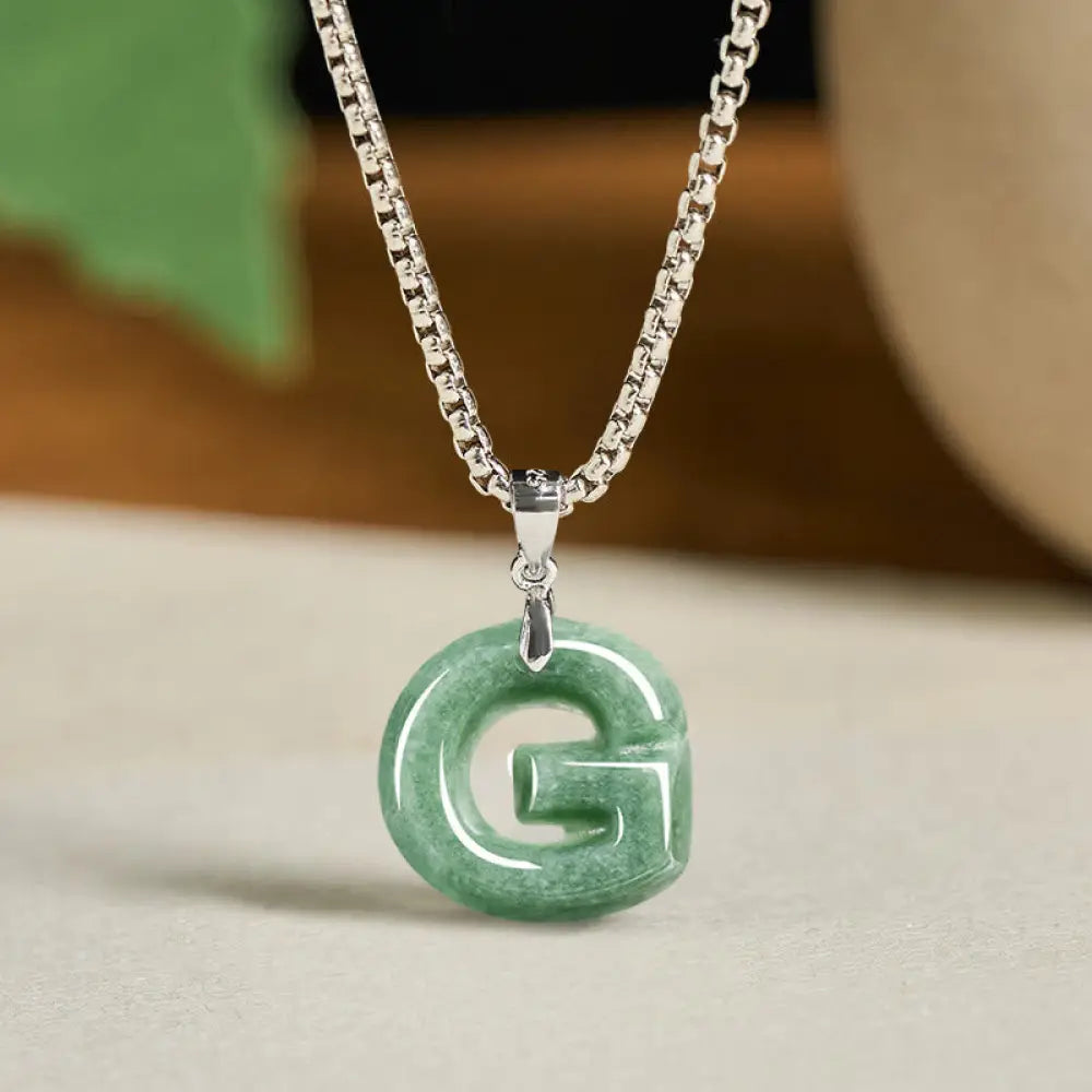Buddha Stones Natural A-Z Letter Jade Titanium Steel Wide Chain Prosperity Necklace Pendant - BWOOOH - G - Necklaces &amp;