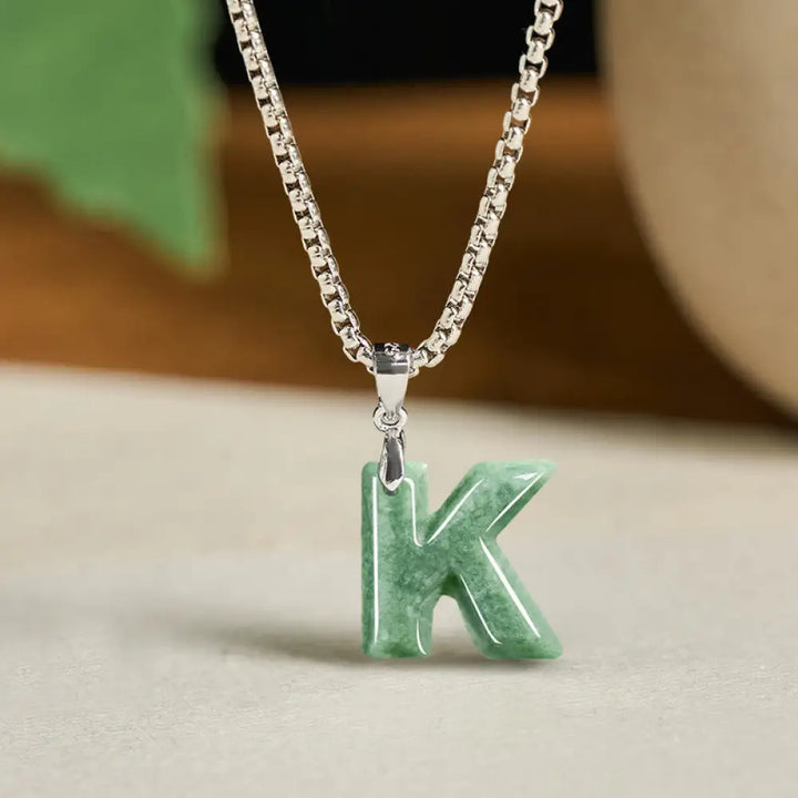Buddha Stones Natural A-Z Letter Jade Titanium Steel Wide Chain Prosperity Necklace Pendant - BWOOOH - K - Necklaces &amp;