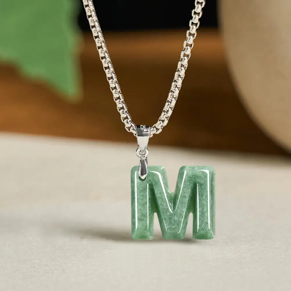 Buddha Stones Natural A-Z Letter Jade Titanium Steel Wide Chain Prosperity Necklace Pendant - BWOOOH - M - Necklaces &amp;