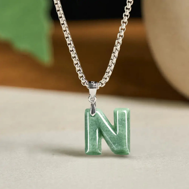 Buddha Stones Natural A-Z Letter Jade Titanium Steel Wide Chain Prosperity Necklace Pendant - BWOOOH - N - Necklaces &amp;