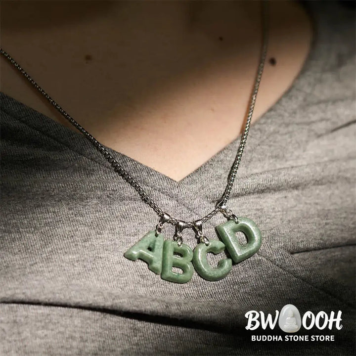 Buddha Stones Natural A-Z Letter Jade Titanium Steel Wide Chain Prosperity Necklace Pendant - BWOOOH - Necklaces &amp;