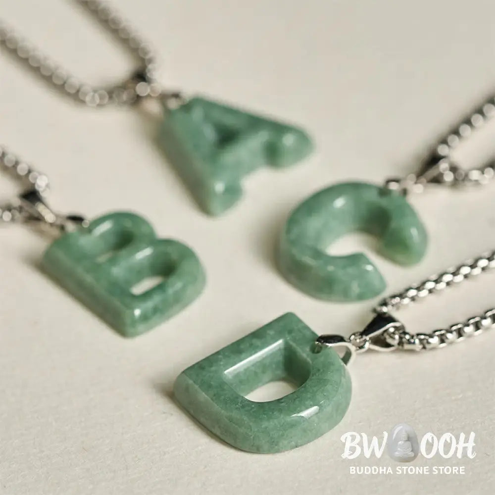 Buddha Stones Natural A-Z Letter Jade Titanium Steel Wide Chain Prosperity Necklace Pendant - BWOOOH - Necklaces &amp;