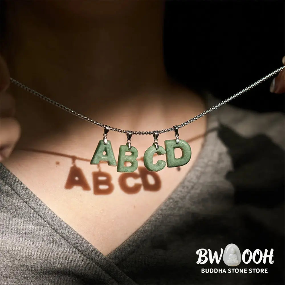 Buddha Stones Natural A-Z Letter Jade Titanium Steel Wide Chain Prosperity Necklace Pendant - BWOOOH - Necklaces &amp;