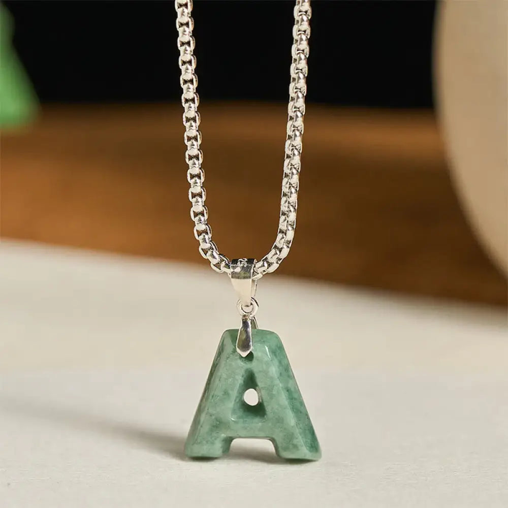 Buddha Stones Natural A-Z Letter Jade Titanium Steel Wide Chain Prosperity Necklace Pendant - BWOOOH - A - Necklaces &