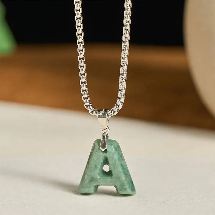 Buddha Stones Natural A-Z Letter Jade Titanium Steel Wide Chain Prosperity Necklace Pendant - BWOOOH - A - Necklaces &amp;
