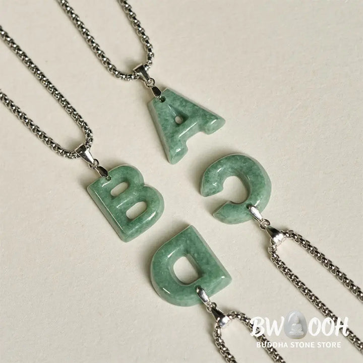 Buddha Stones Natural A-Z Letter Jade Titanium Steel Wide Chain Prosperity Necklace Pendant - BWOOOH - Necklaces &amp;