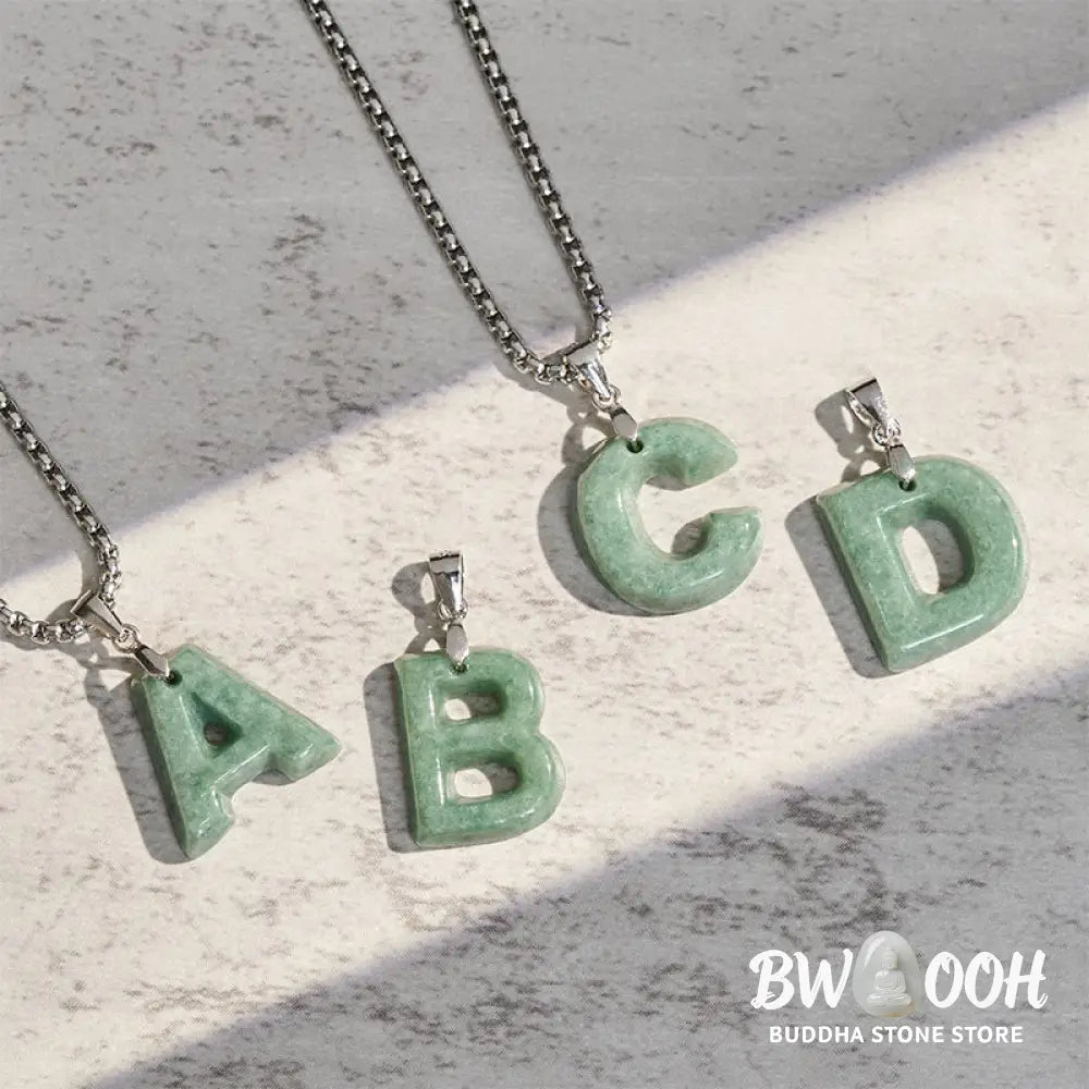 Buddha Stones Natural A-Z Letter Jade Titanium Steel Wide Chain Prosperity Necklace Pendant - BWOOOH - Necklaces &amp;
