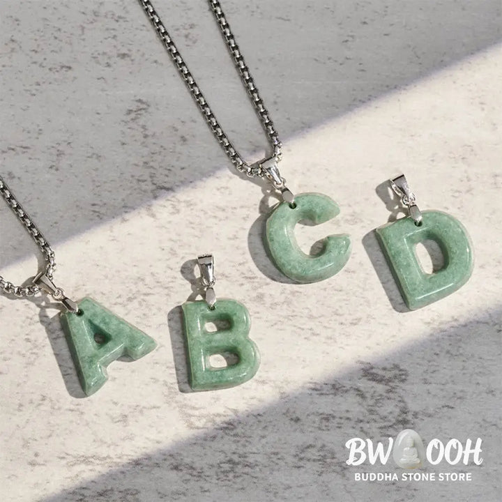 Buddha Stones Natural A-Z Letter Jade Titanium Steel Wide Chain Prosperity Necklace Pendant - BWOOOH - Necklaces &amp;
