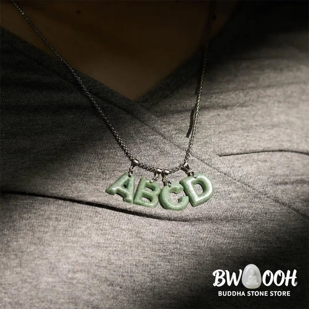 Buddha Stones Natural A-Z Letter Jade Titanium Steel Wide Chain Prosperity Necklace Pendant - BWOOOH - Necklaces &amp;