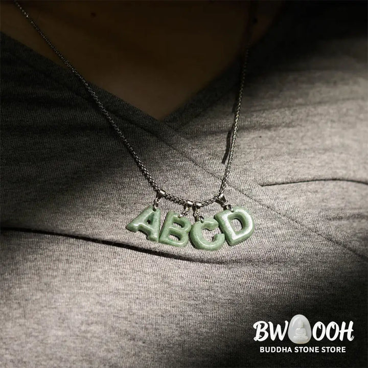 Buddha Stones Natural A-Z Letter Jade Titanium Steel Wide Chain Prosperity Necklace Pendant - BWOOOH - Necklaces &amp;