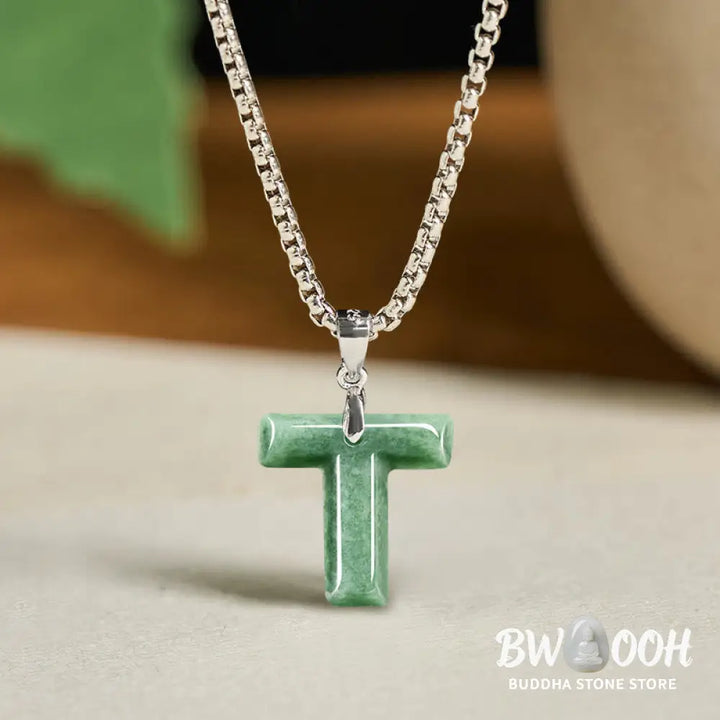 Buddha Stones Natural A-Z Letter Jade Titanium Steel Wide Chain Prosperity Necklace Pendant - BWOOOH - Necklaces &amp;