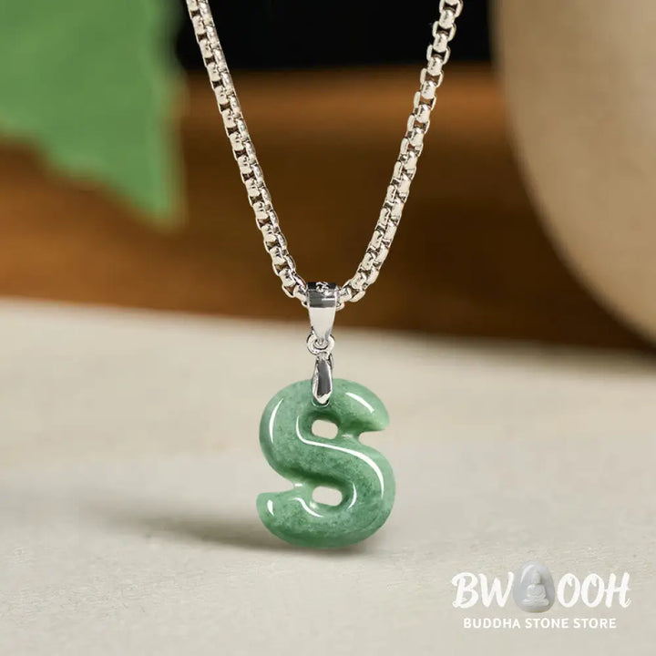 Buddha Stones Natural A-Z Letter Jade Titanium Steel Wide Chain Prosperity Necklace Pendant - BWOOOH - Necklaces &amp;