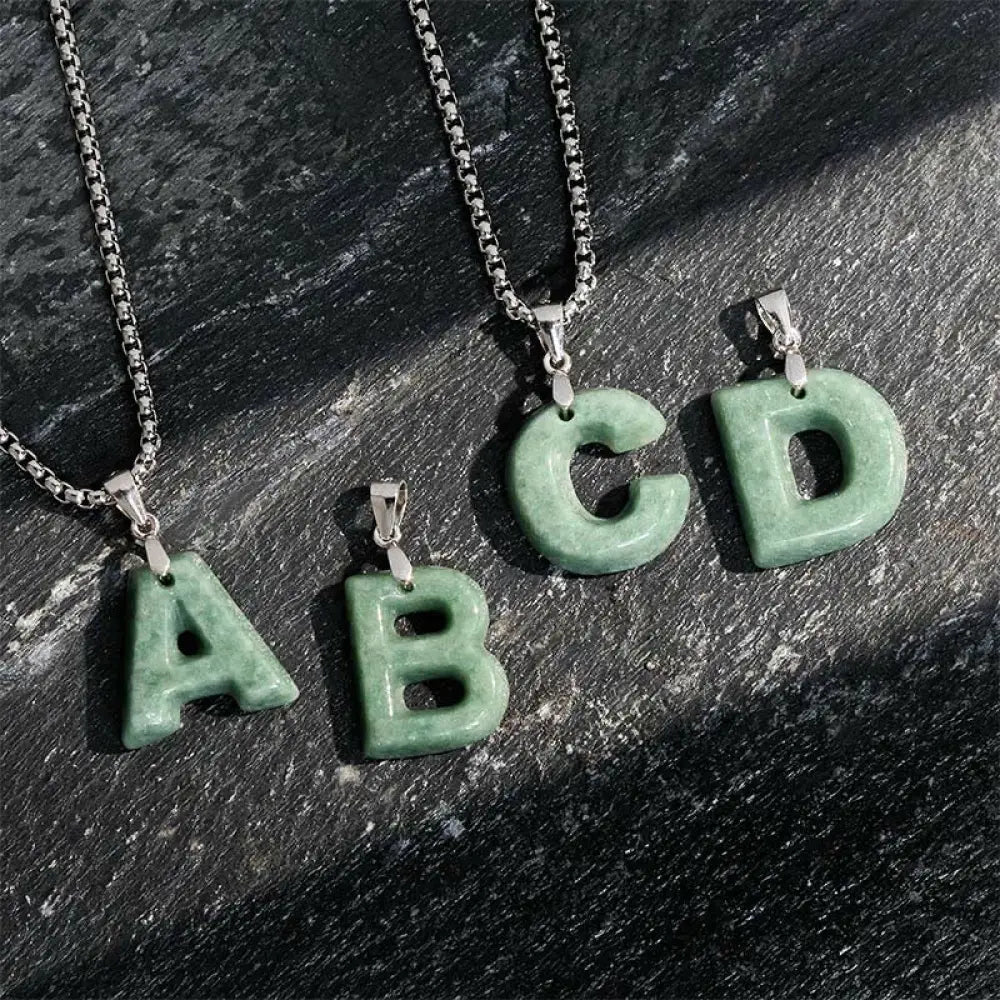 Buddha Stones Natural A-Z Letter Jade Titanium Steel Wide Chain Prosperity Necklace Pendant - BWOOOH - Necklaces &