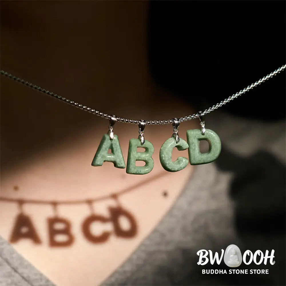 Buddha Stones Natural A-Z Letter Jade Titanium Steel Wide Chain Prosperity Necklace Pendant - BWOOOH - Necklaces &amp;
