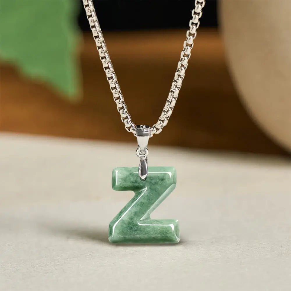 Buddha Stones Natural A-Z Letter Jade Titanium Steel Wide Chain Prosperity Necklace Pendant - BWOOOH - Z - Necklaces &amp;