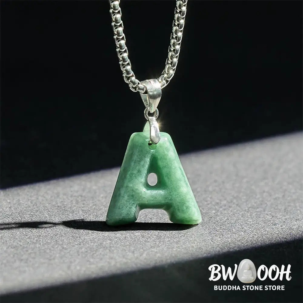 Buddha Stones Natural A-Z Letter Jade Titanium Steel Wide Chain Prosperity Necklace Pendant - BWOOOH - Necklaces &amp;