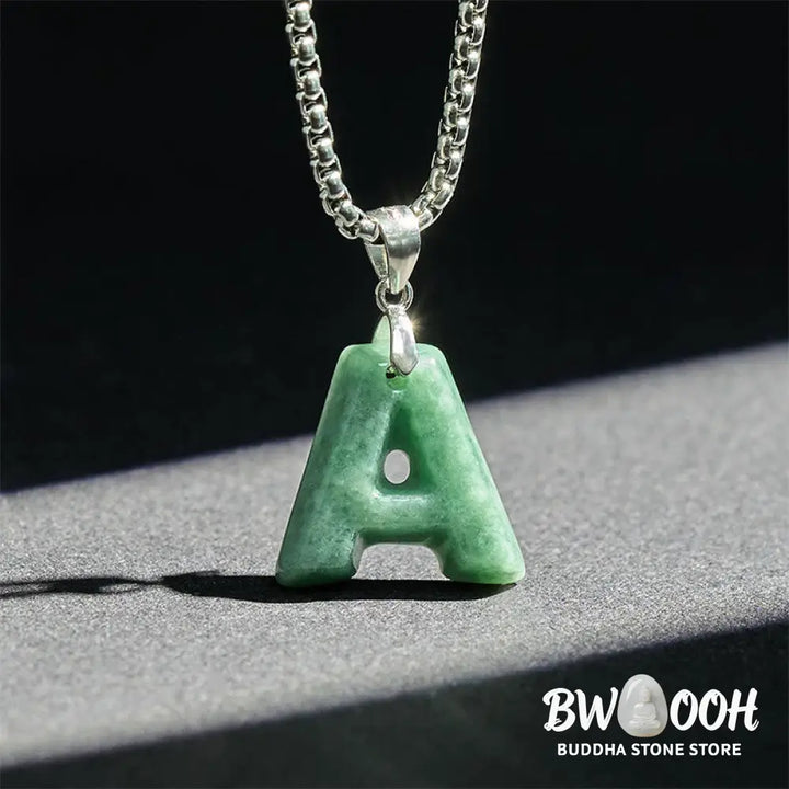 Buddha Stones Natural A-Z Letter Jade Titanium Steel Wide Chain Prosperity Necklace Pendant - BWOOOH - Necklaces &amp;