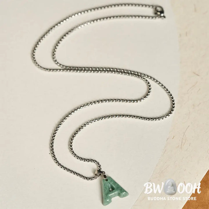 Buddha Stones Natural A-Z Letter Jade Titanium Steel Wide Chain Prosperity Necklace Pendant - BWOOOH - Necklaces &amp;