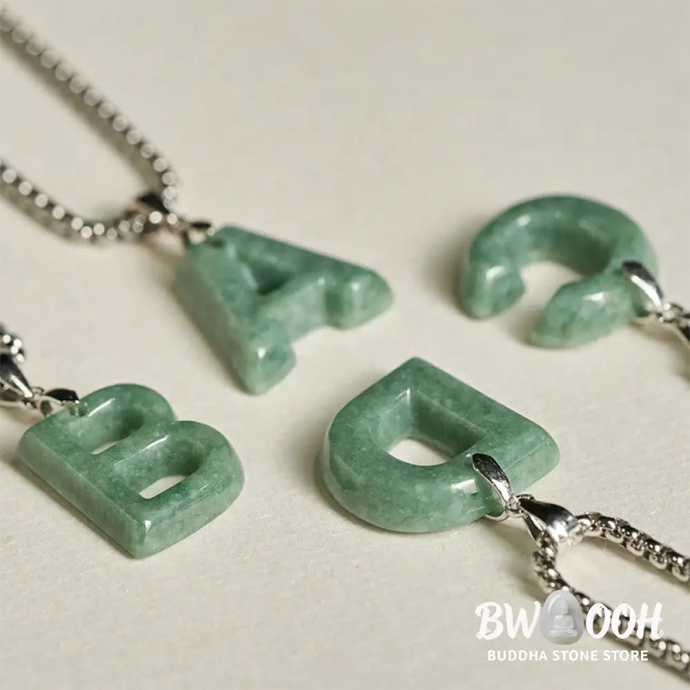 Buddha Stones Natural A-Z Letter Jade Titanium Steel Wide Chain Prosperity Necklace Pendant - BWOOOH - Necklaces &amp;