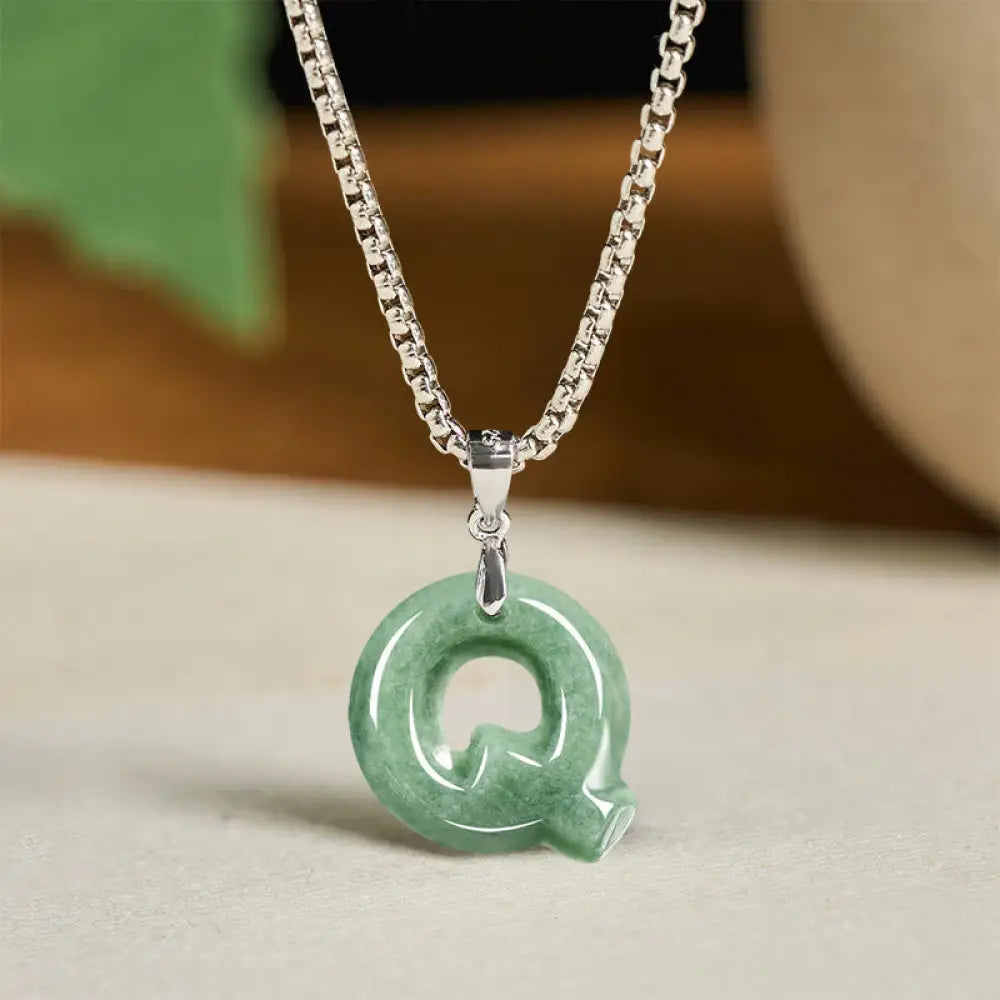 Buddha Stones Natural A-Z Letter Jade Titanium Steel Wide Chain Prosperity Necklace Pendant - BWOOOH - Q - Necklaces &amp;