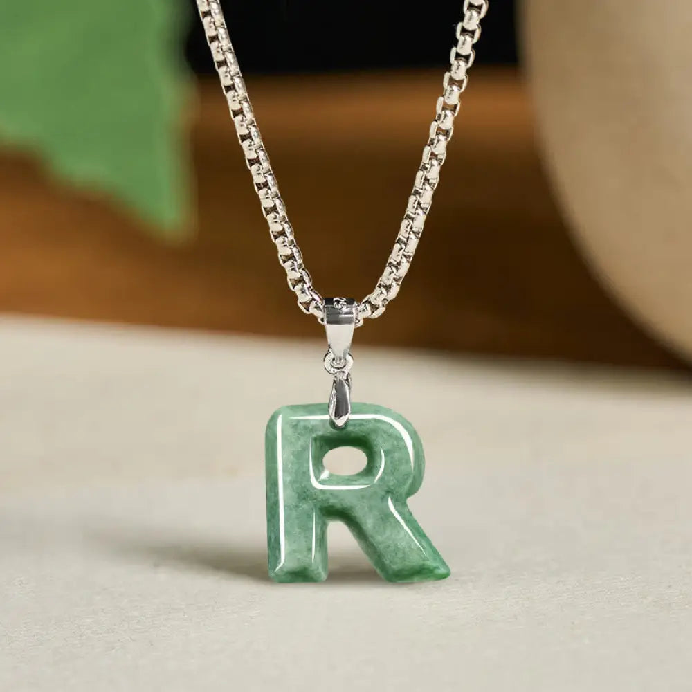 Buddha Stones Natural A-Z Letter Jade Titanium Steel Wide Chain Prosperity Necklace Pendant - BWOOOH - R - Necklaces &amp;