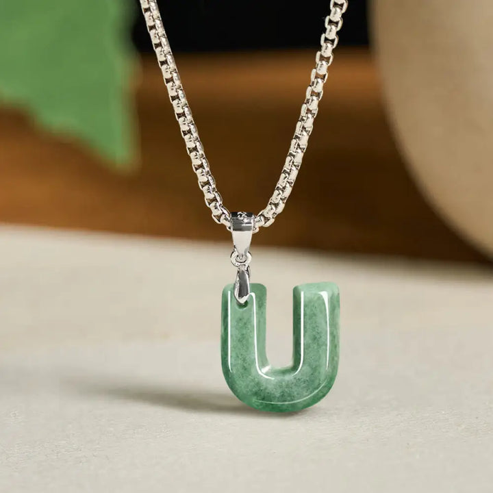 Buddha Stones Natural A-Z Letter Jade Titanium Steel Wide Chain Prosperity Necklace Pendant - BWOOOH - U - Necklaces &amp;