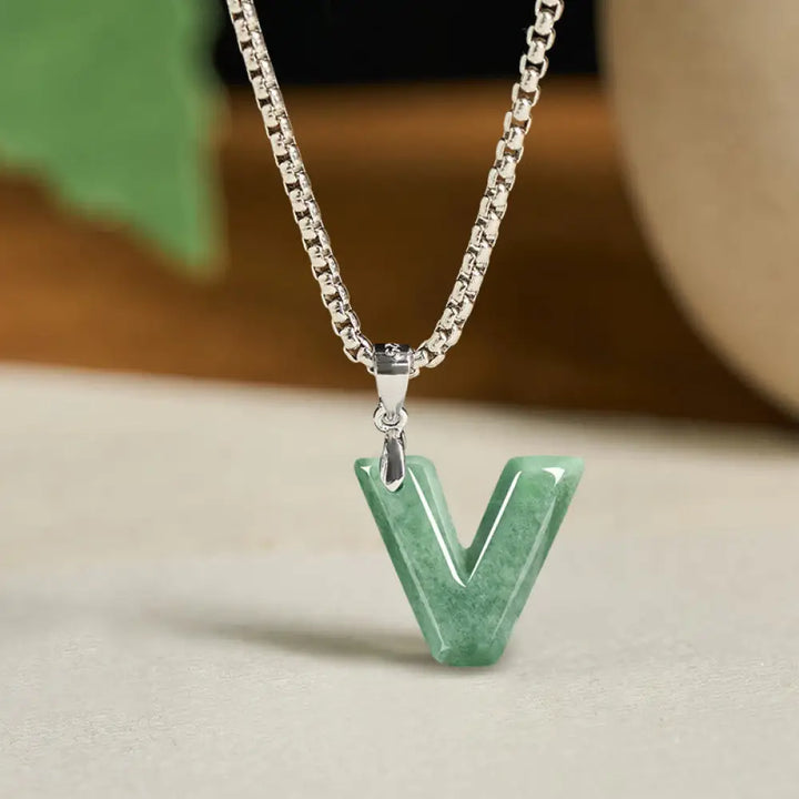 Buddha Stones Natural A-Z Letter Jade Titanium Steel Wide Chain Prosperity Necklace Pendant - BWOOOH - V - Necklaces &amp;