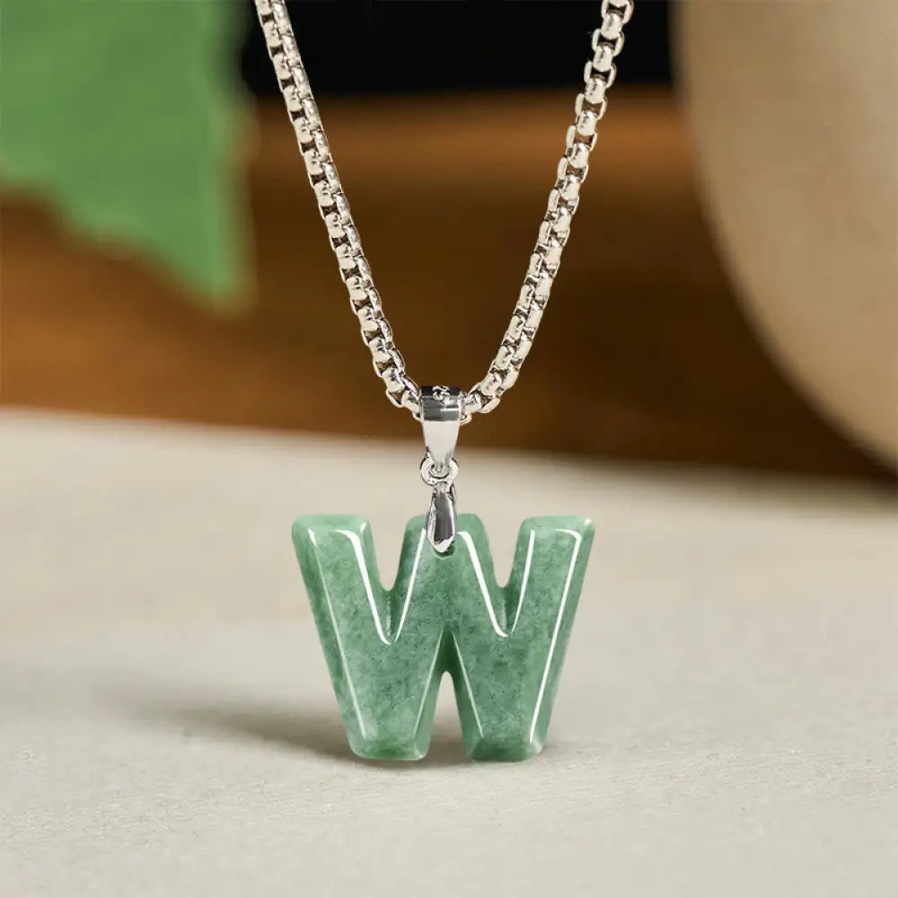 Buddha Stones Natural A-Z Letter Jade Titanium Steel Wide Chain Prosperity Necklace Pendant - BWOOOH - W - Necklaces &amp;