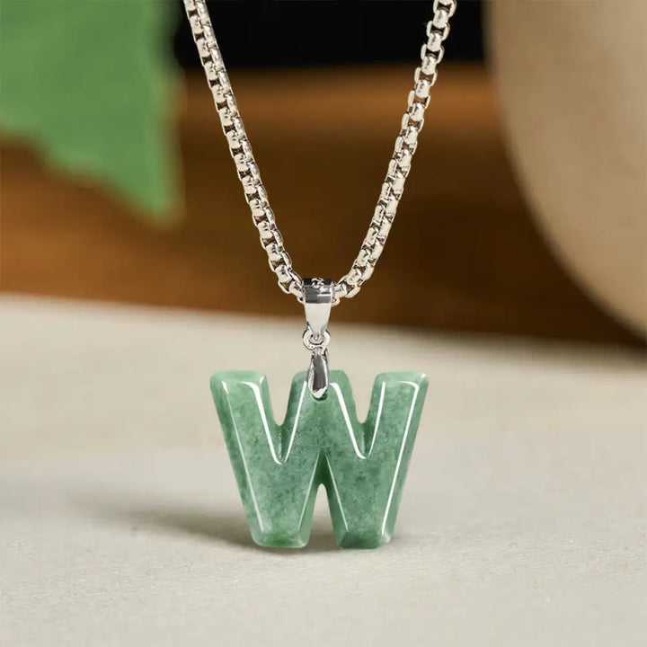 Buddha Stones Natural A-Z Letter Jade Titanium Steel Wide Chain Prosperity Necklace Pendant - BWOOOH - W - Necklaces &amp;