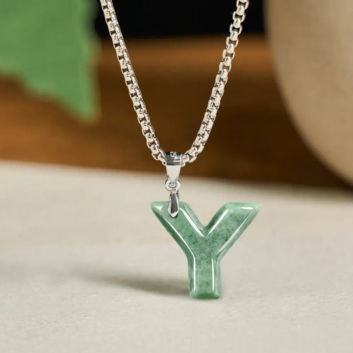 Buddha Stones Natural A-Z Letter Jade Titanium Steel Wide Chain Prosperity Necklace Pendant - BWOOOH - Y - Necklaces &amp;