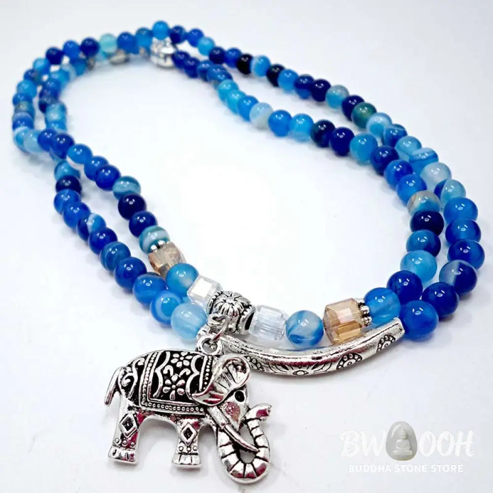 BWOOOH Natural Agate Elephant Hope Bracelet featuring polished 6mm blue, purple, and green agate beads with a 999 silver-plated copper chain, showcasing the Elephant symbol for wisdom and strength, a handmade spiritual jewelry piece. - View 3