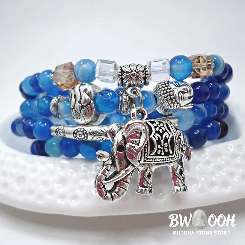 BWOOOH Natural Agate Elephant Hope Bracelet featuring polished 6mm blue, purple, and green agate beads with a 999 silver-plated copper chain, showcasing the Elephant symbol for wisdom and strength, a handmade spiritual jewelry piece. - View 4