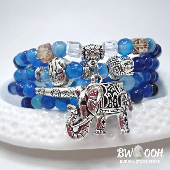 BWOOOH Natural Agate Elephant Hope Bracelet featuring polished 6mm blue, purple, and green agate beads with a 999 silver-plated copper chain, showcasing the Elephant symbol for wisdom and strength, a handmade spiritual jewelry piece. - View 4